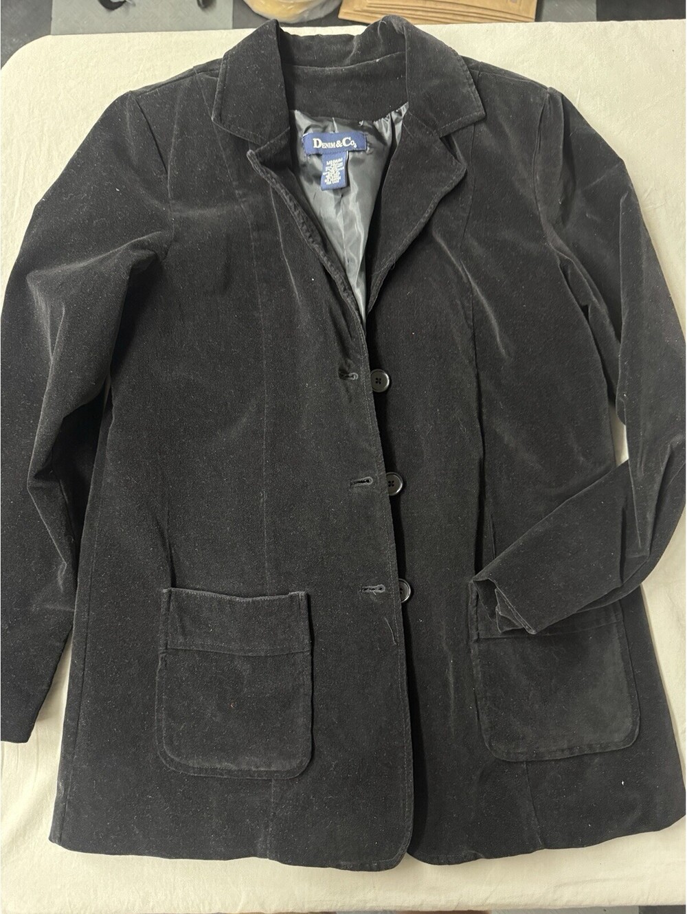 Vintage Denim & Co Black Velvet Like Button Up Jacket Size Medium